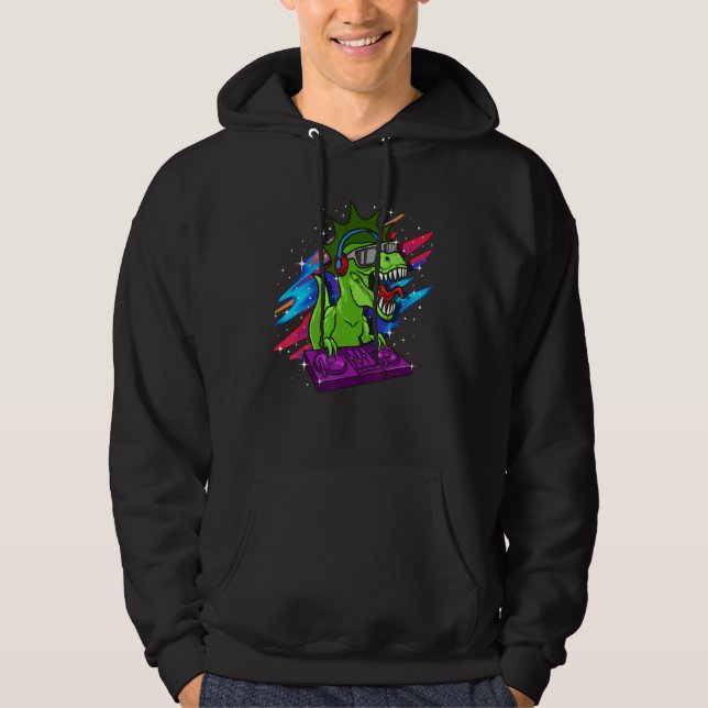 T-Rex DJ Dinosaur Producer Dino Retro House Techno Hoodie (Framsida)