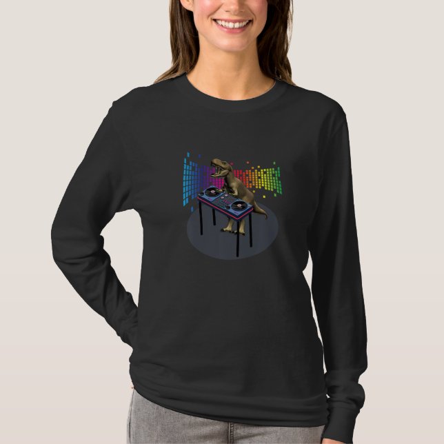 T Rex Dj Party Klubb Dinosaur Disk Jockey Edm Danc Shirt (Framsida)