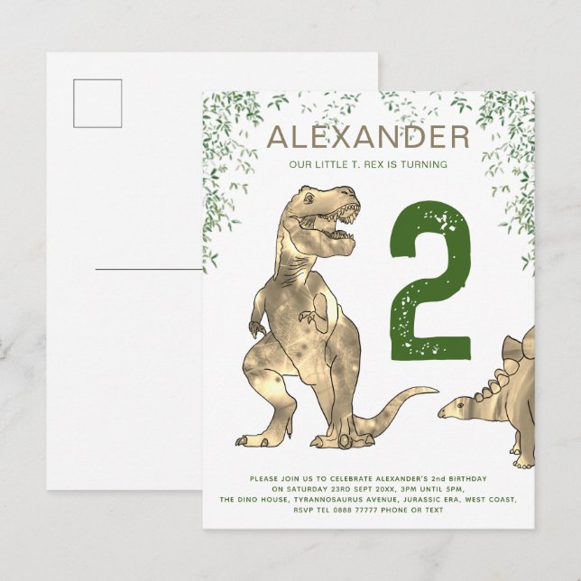 T. Rex djungel 2:a födelsedagen Party budget Inbjudan Vykort (Fram/baksida)