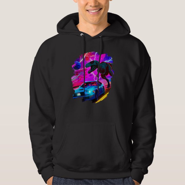 T Rex dosinosaur Chasing sportbil i Space Tyranno Hoodie (Framsida)