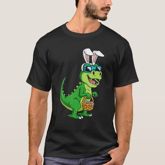 T Rex Easter Bunny With Eggs Basket Funny Dinosaur Shirt (Framsida)