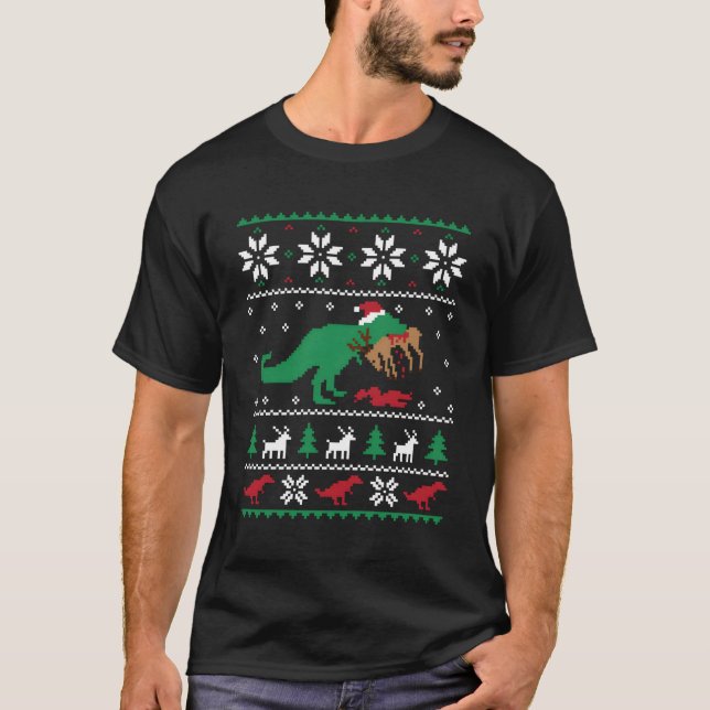 T Rex Eating Reindeer Dinosaur Ugly T Shirt (Framsida)