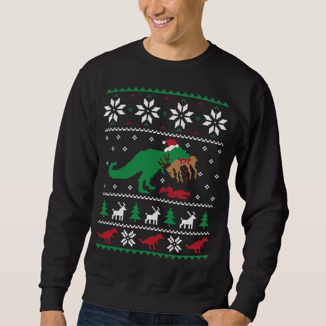 T Rex Eating Reindeer Funny Dinosaur jul Ugl Lång Ärmad Tröja (Framsida)