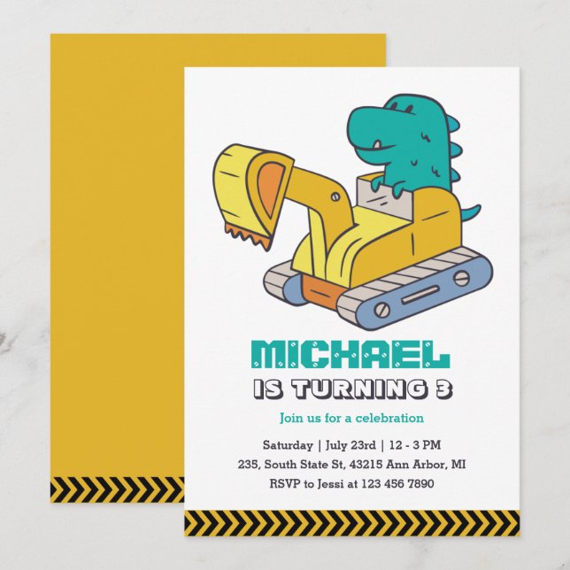 T-Rex Excavator Builder Construction Barns födelse Inbjudningar (Fram/baksida)