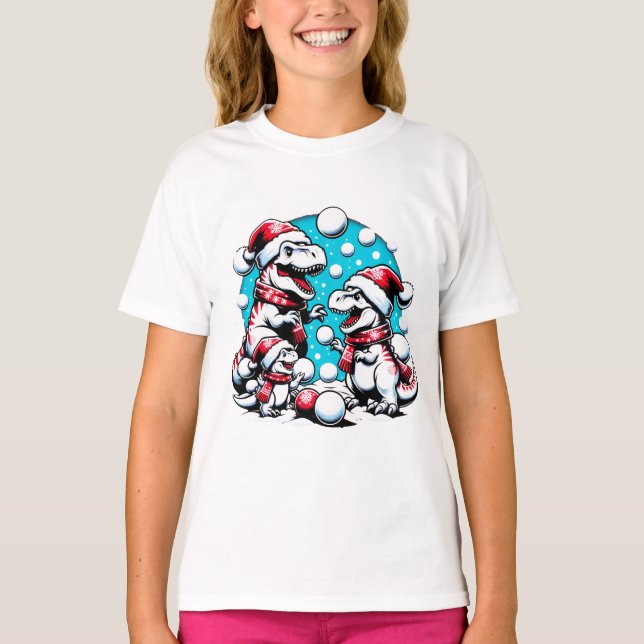 T-Rex Family Snowball Fight - Lustig juldino T Shirt (Framsida)