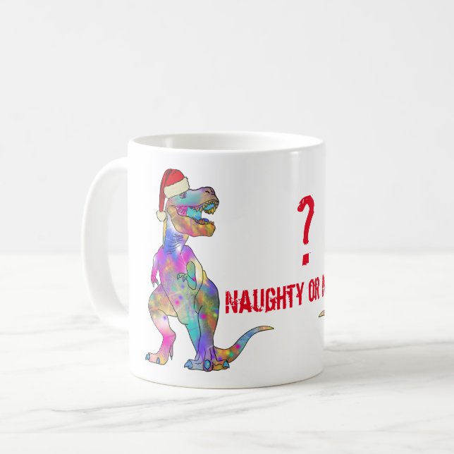 T Rex Festive Dinosaur Funny Naughty eller Nice Qu Kaffemugg (Framsida vänster)