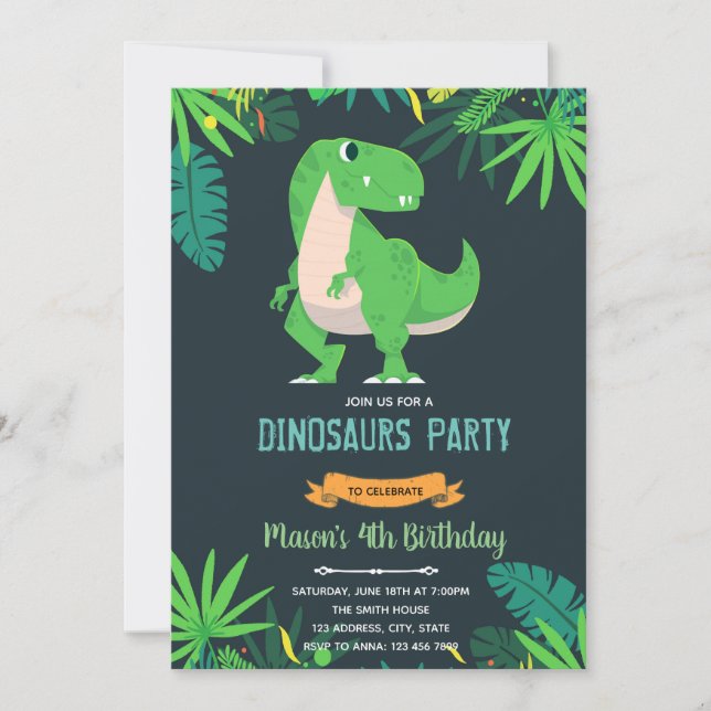 T rex födelsedagstema inbjudan (Framsida)