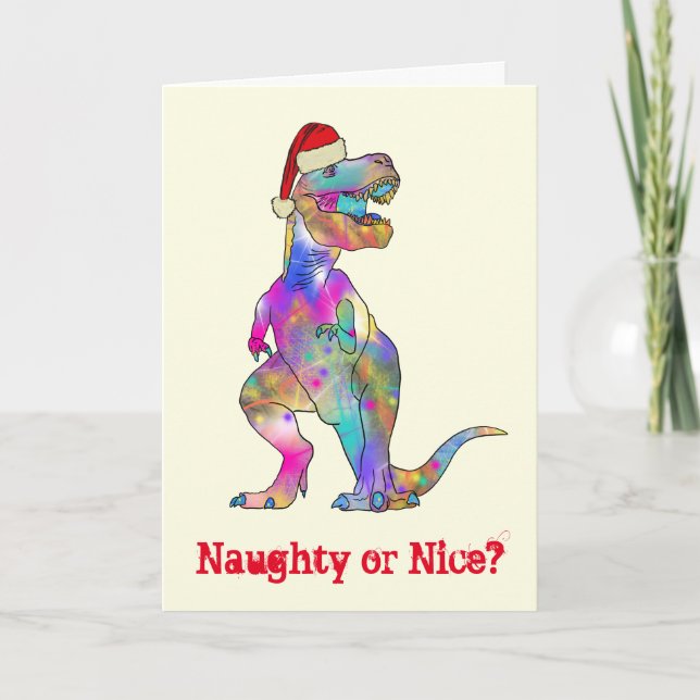 T Rex Funny Festive Naughty eller Nice Dinosaur Qu Kort (Framsida)