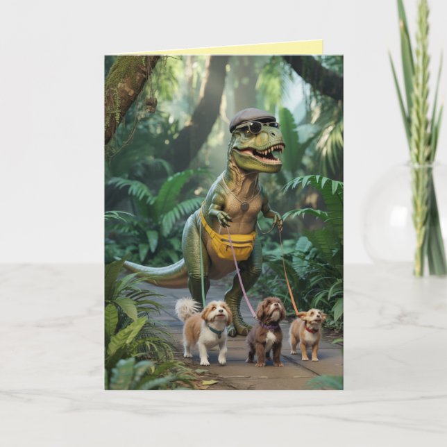 T-Rex Går med Hunden Kort (Framsida)
