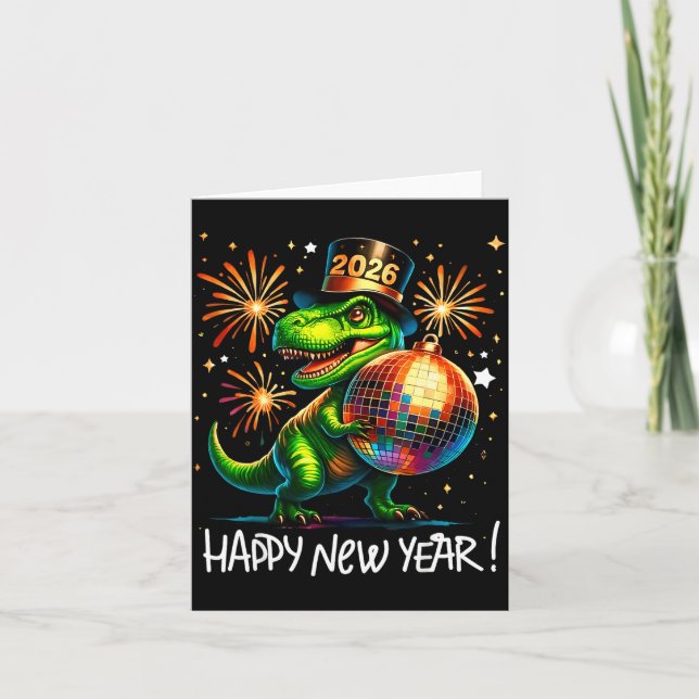 T Rex Gott Nytt År 2026 Disco Boll Fyrverkeri Tröj Kort (Framsida)
