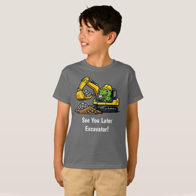 T-Rex Grävmaskin Bygg Pojke T-Shirt (Hel framsida)