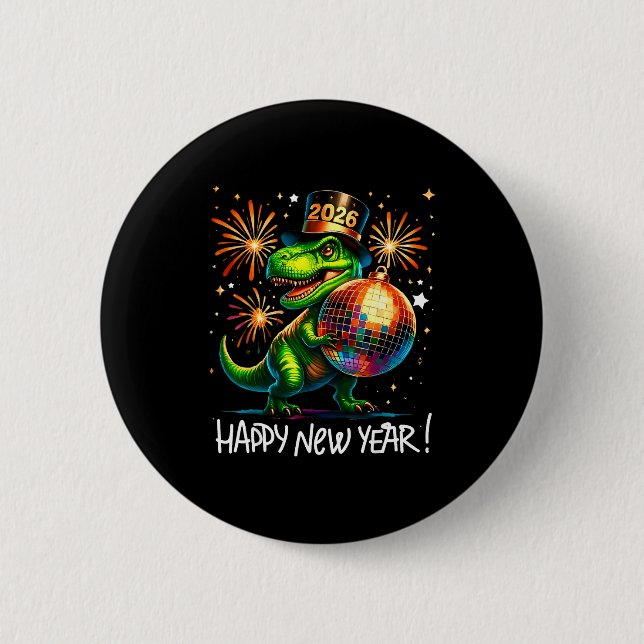 T Rex Happy New Year 2026 Disco Ball Fireworks Tee Knapp (Framsida)