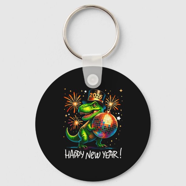 T Rex Happy New Year 2026 Disco Ball Fireworks Tee Nyckelring (Framsida)