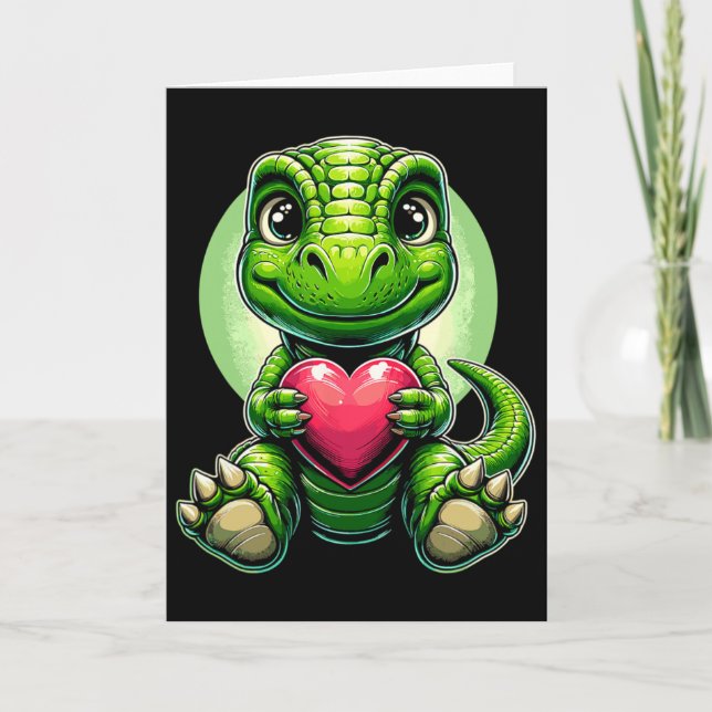 T-rex Holding Heart Valentine's Day Cute Dinosaur  Kort (Framsida)
