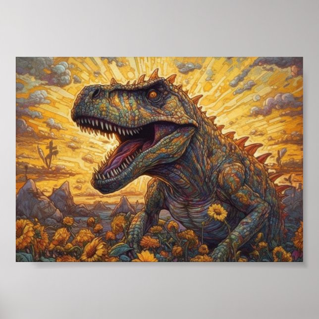 T-rex i en solrosa fält poster (Framsidan)