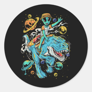 T-Rex i Rymden Kid Alien Riding T-Rex Dinos Runt Klistermärke