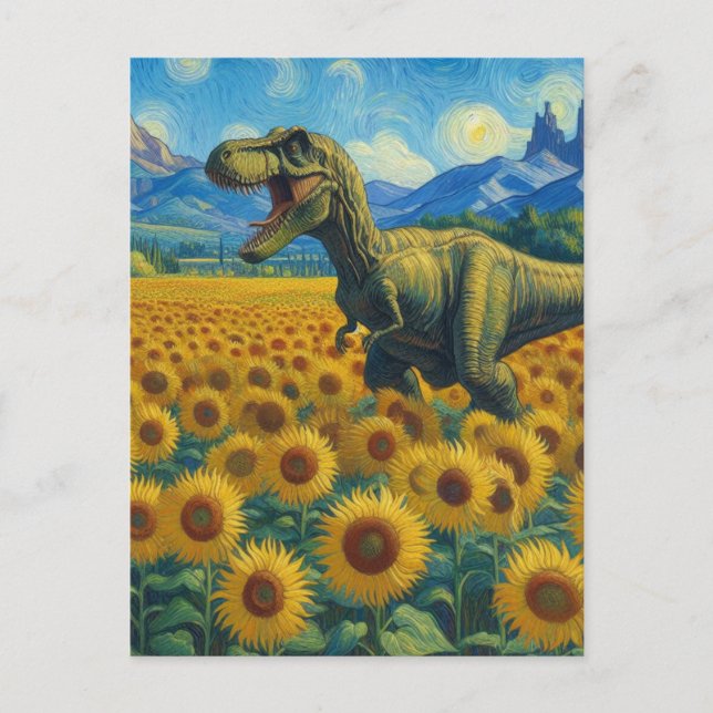 T-Rex i Solrossen Fält Van Gogh Stil Vykort (Framsida)