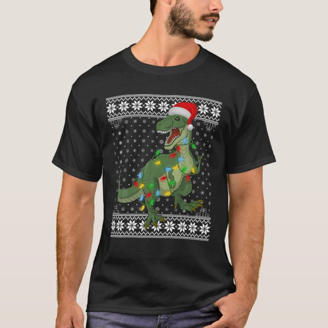 T Rex Ljus Julafton Ugly Sweater Santa T Rex Chris Shirt (Framsida)