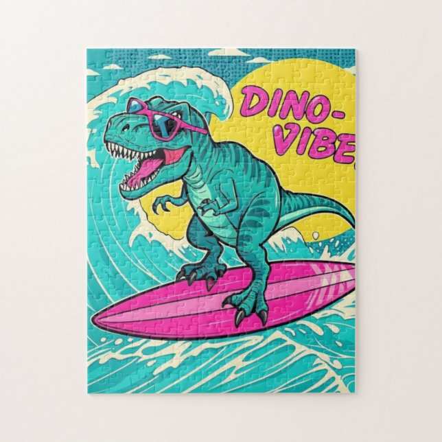T-Rex med solglasögon och ridande av neon rosa Pussel (Vertikal)