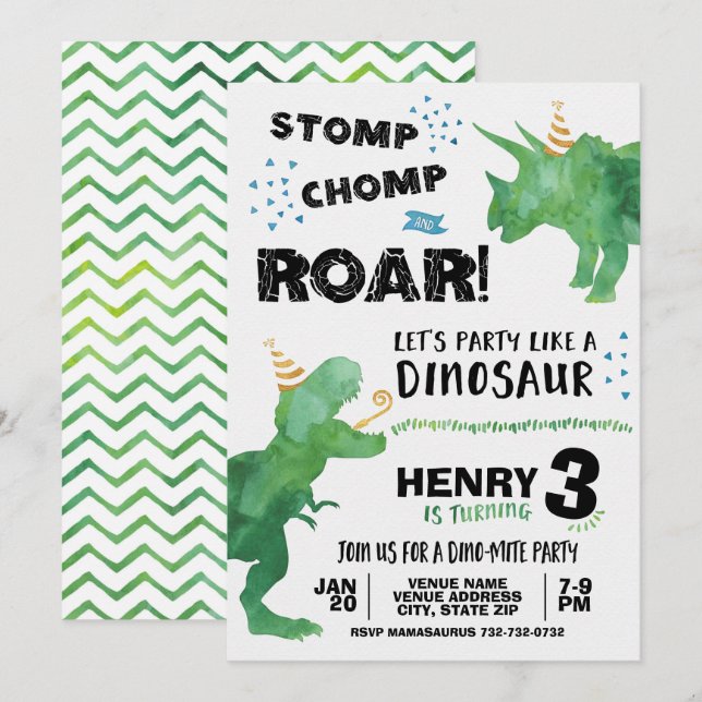 T Rex och Triceratops Dinosaurie Födelsedagsinbjud Inbjudningar (Fram/baksida)
