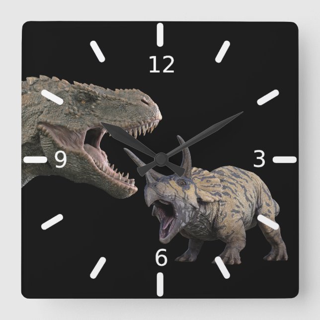 T.Rex och Triceratops Fyrkantig Klocka (Framsida)