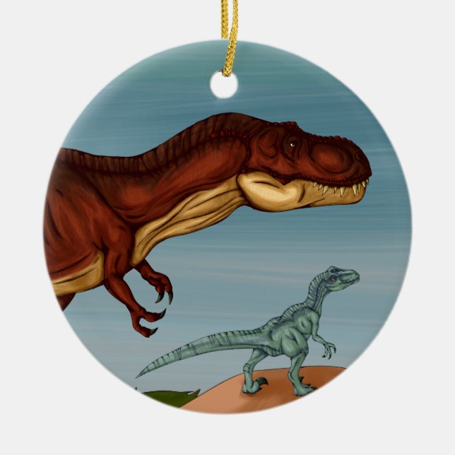 T-Rex och Velociraptor Julgransprydnad Keramik (Framsidan)
