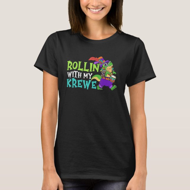 T Rex Parade Mardi Gras Carnival Beads Rollin with T Shirt (Framsida)