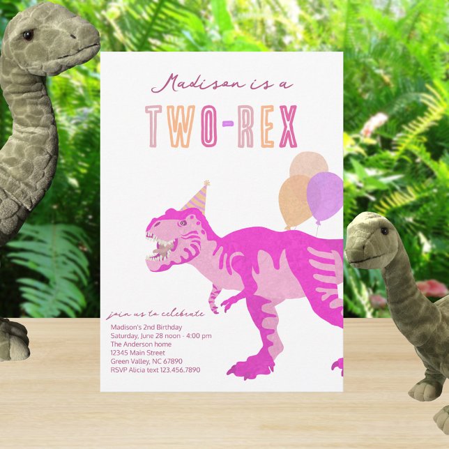 T-Rex Pink Two-Rex Dino Second 2nd Birthday Inbjudningar (Cute pink dinosaur Two Rex birthday party invitations)