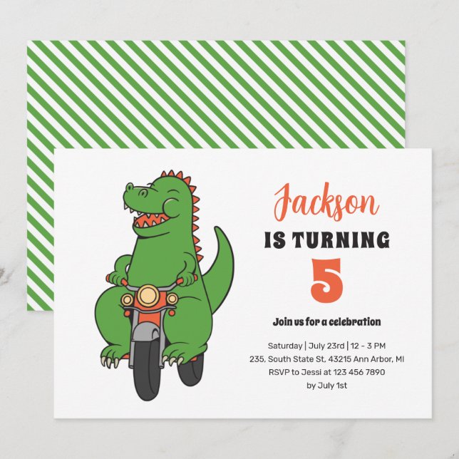 T-Rex Riding Bike Cute Kids Dinosaur Birthday Inbjudningar (Fram/baksida)