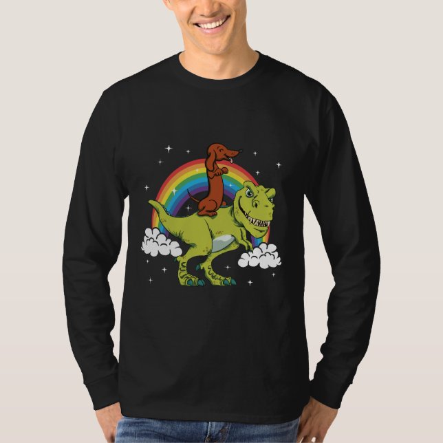 T Rex Riding Dachshund Dog  Amp Present Shirt (Framsida)