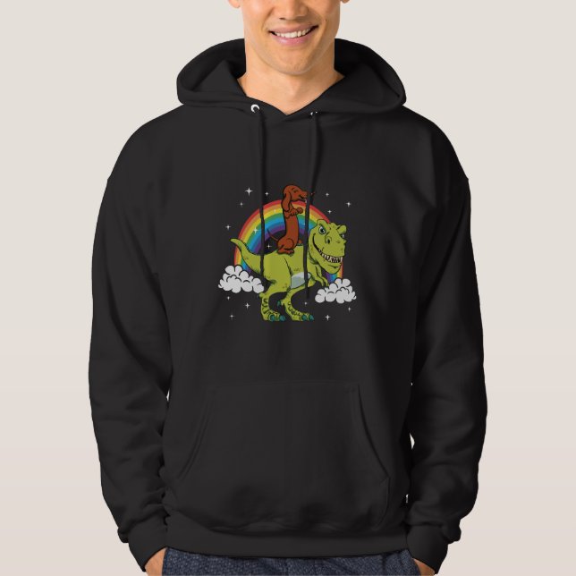 T Rex Riding Dachshund Hund Amp Present Hoodie (Framsida)