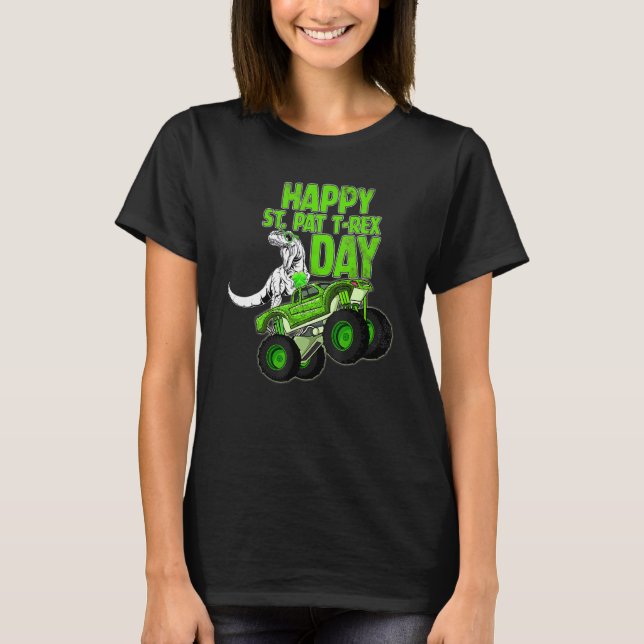 T Rex Riding Monster Lastbil Lycklig St Patrex Day T Shirt (Framsida)