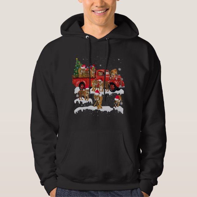 T-rex Riding Red Lastbil Julgran Tro Sant Hoodie (Framsida)