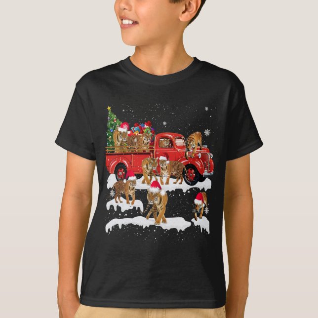 T-rex Riding Red Lastbil Julgran Tro Sant T Shirt (Framsida)