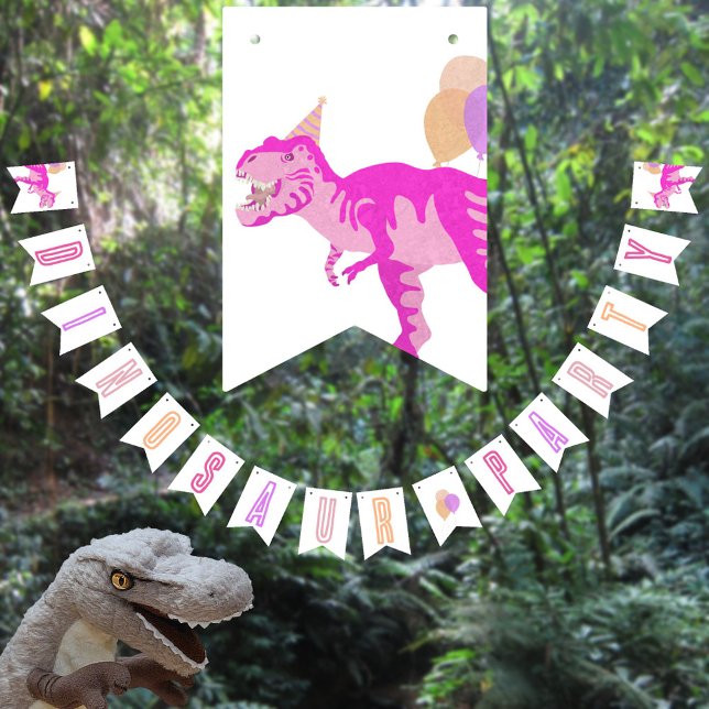 T-Rex Rosa Cute Birthday Jurassic Dinosaur Party Vimplar (This fun DINOSAUR BIRTHDAY bunting will add to your custom pink dinosaur birthday party décor)