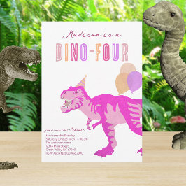 T-Rex Rosa Dino-Four 4e födelsedagen Party Inbjudningar