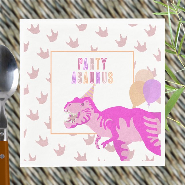T-Rex Rosa Dinomite Cute Dinosaur-Födelsedagsfest Pappersservett (These PARTY ASAURUS paper napkins continue the pink dinosaur birthday party theme)
