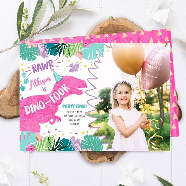T-Rex Rosa Dinosaur Girl Dino Fyra 4e födelsedagen Inbjudningar (Skapare uppladdad)