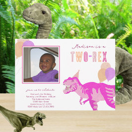 T-Rex Rosa Photo Two-Rex Cute 2:a födelsedagen Par Inbjudningar