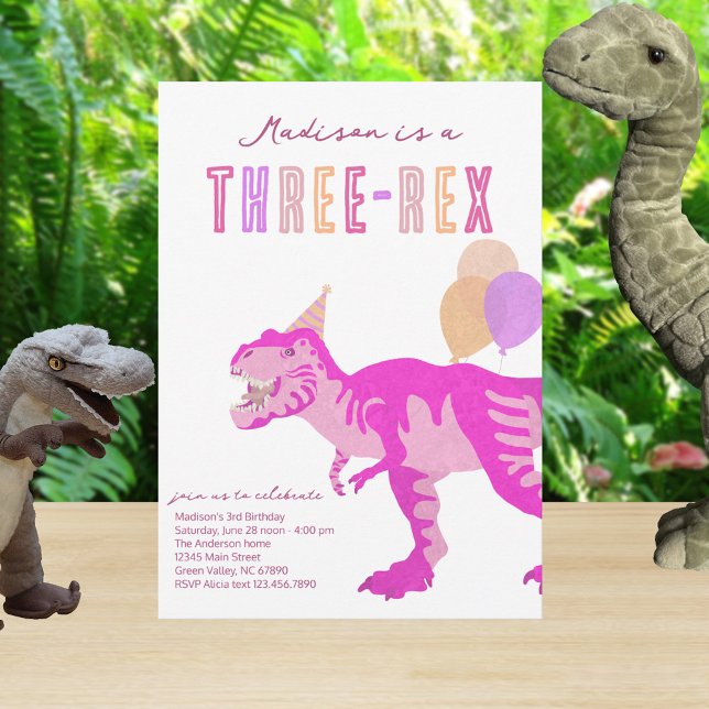 T-Rex Rosa Three-Rex Dino Tredje 3:e Födelsedag Inbjudningar (Easy to personalize for your pink dinosaur birthday party theme)