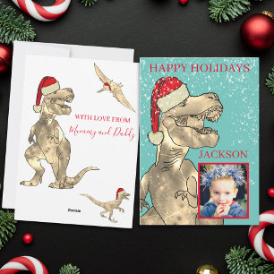 T Rex Santa Dinosaur Photo Personlig Kids Julkort