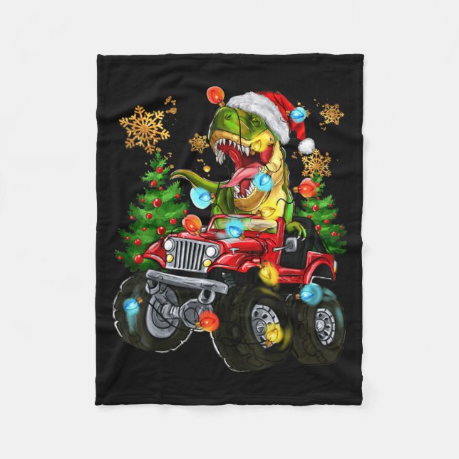 T-rex Santa In Monster Truck With Christmas Trees  Fleecefilt (Framsidan)