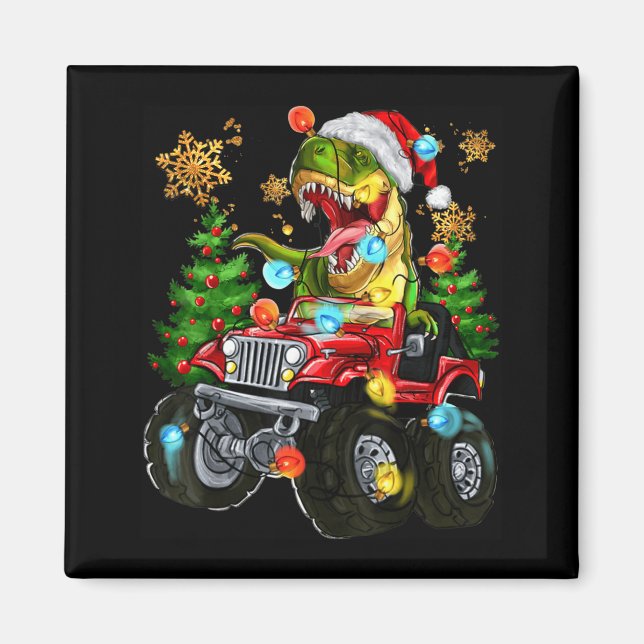 T-rex Santa In Monster Truck With Christmas Trees  Magnet (Framsidan)