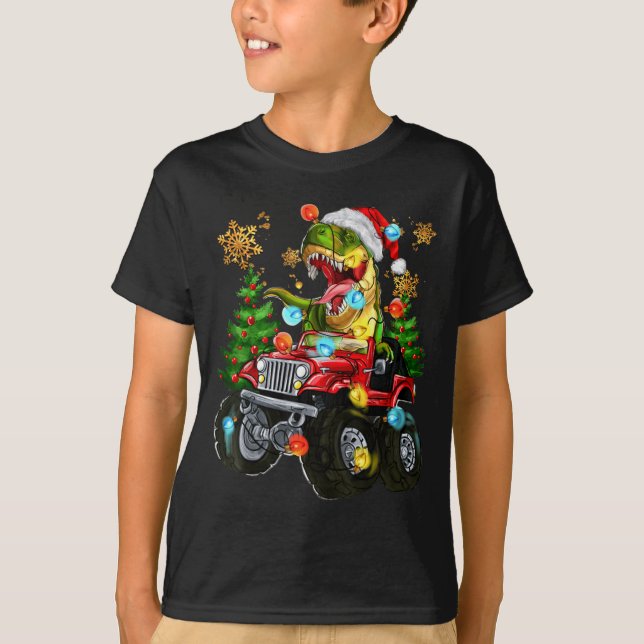 T-rex Santa In Monster Truck With Christmas Trees  T Shirt (Framsida)