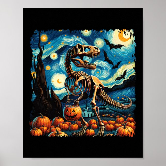 T-rex Skeleton Halloween Van Gogh Starry Night Fal Poster (Framsidan)