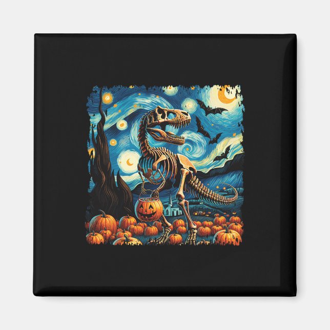 T-rex skelett Halloween Van Gogh Stjärnkväll Fal Magnet (Framsidan)