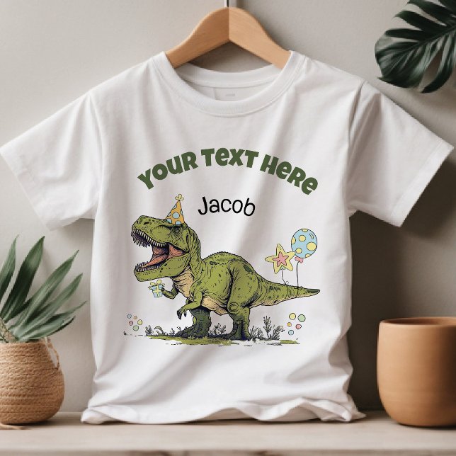 T-Rex Sött Dinosaurie Temafest Anpassat Namn & Tex T Shirt (Cute funny cartoon T-Rex dinosaur theme custom text name kids birthday party or adoption day t-shirt)