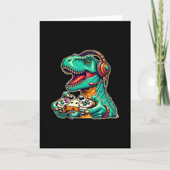 T-rex spelande med headset Roligt dinosaurie-spela Kort (Framsida)
