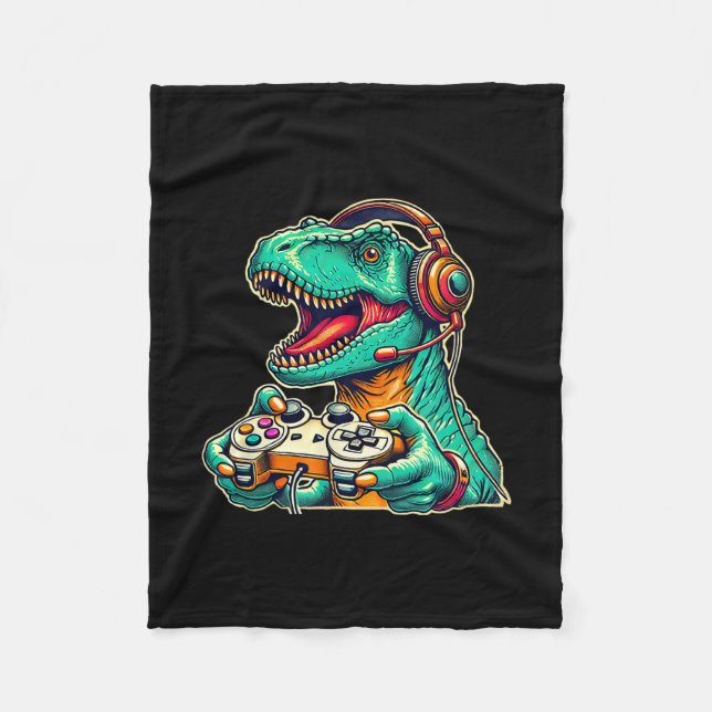 T-rex Spelande Med Hörlurar Rolig Dinosaurie Spela Fleecefilt (Framsidan)