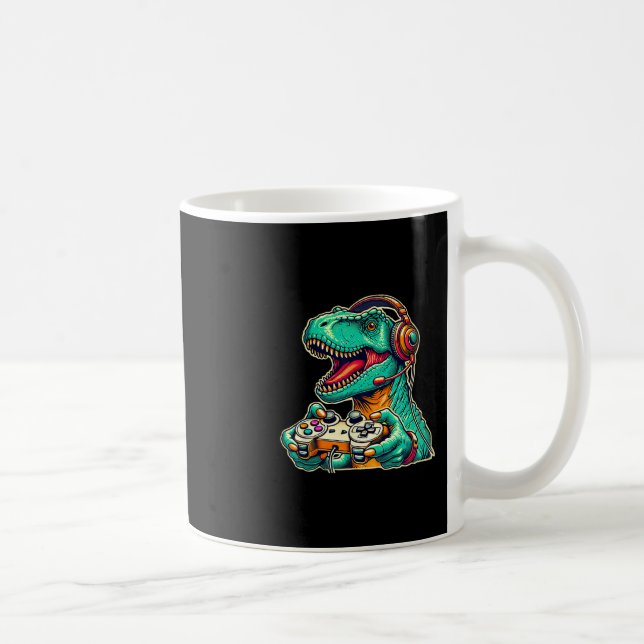 T-rex Spelande Med Hörlurar Rolig Dinosaurie Spela Kaffemugg (Höger)